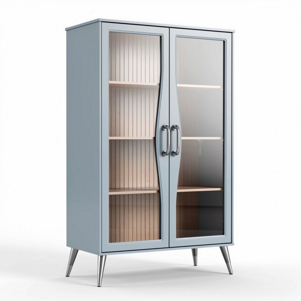 gläserner vitrinenschrank aus metall in blau mit maßen 80 x 40 x 120cm
