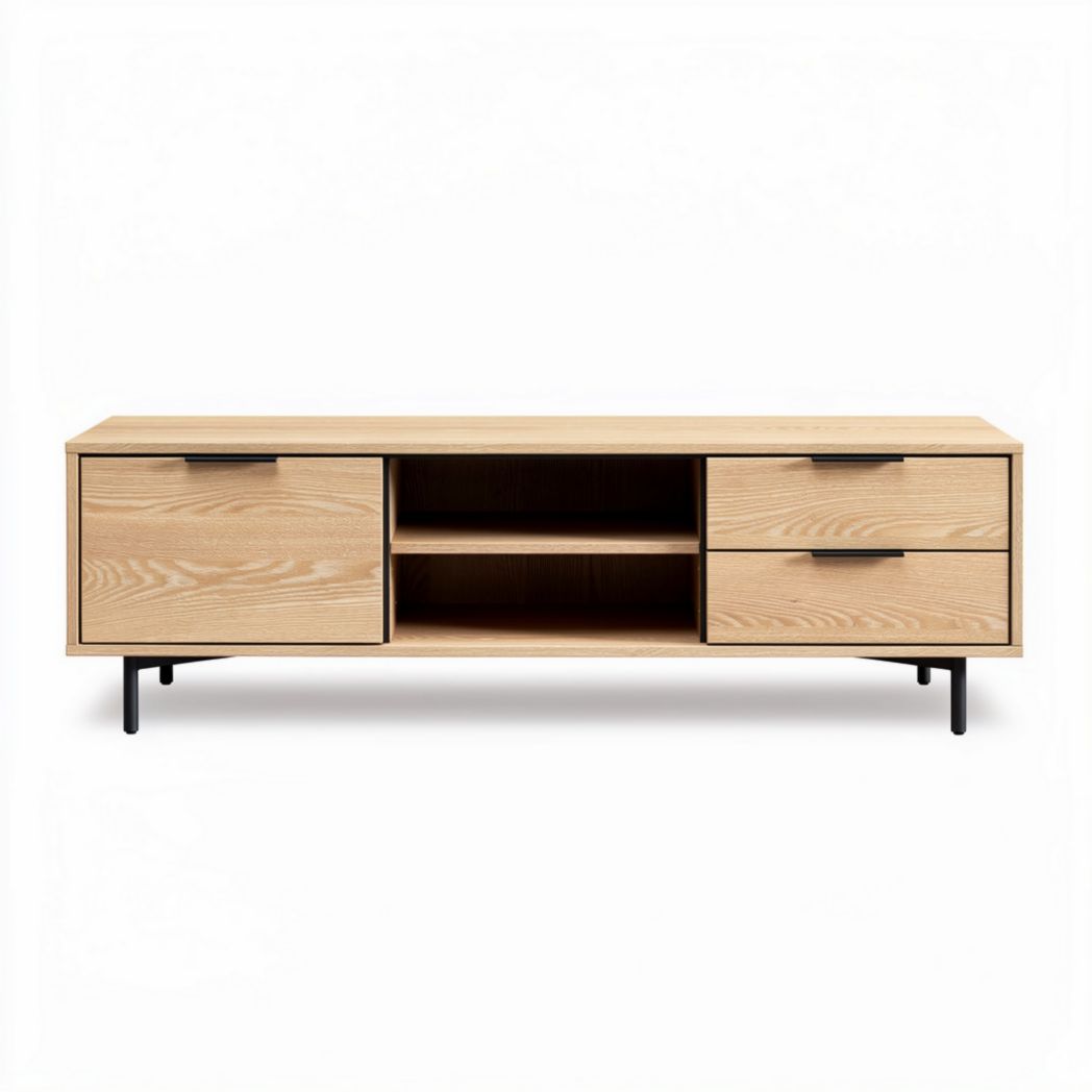 Fernsehschrank aus Eichenholz mit zwei Schubladen und offener Ablagefläche 150 x 45 x 40cm