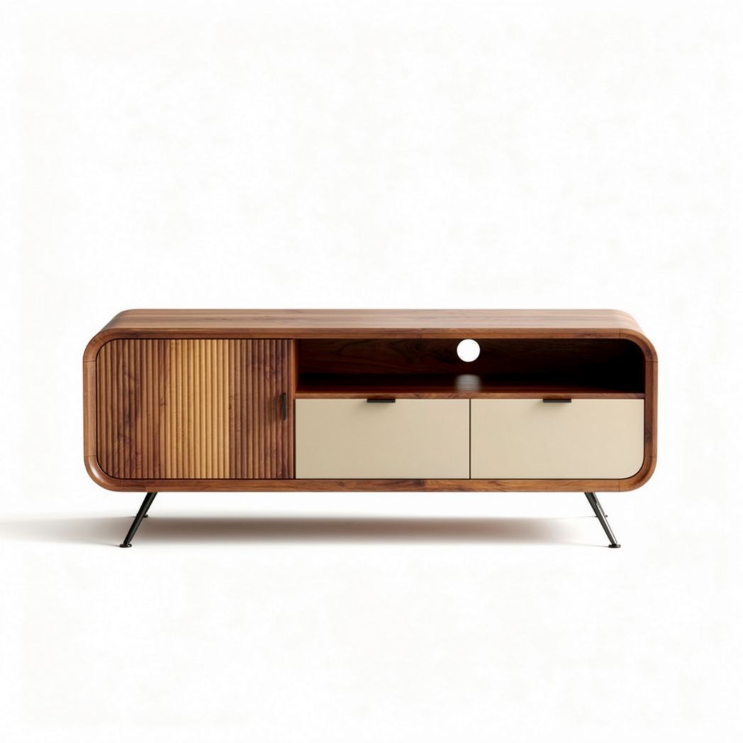 Fernsehtisch aus Holz mit zwei Schubladen in beige und natürlichem Finish 150 x 40 x 50cm