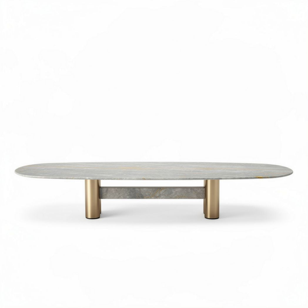 Kaffeetisch oval aus marmor in grau und metallgestell 180 x 90 x 30cm